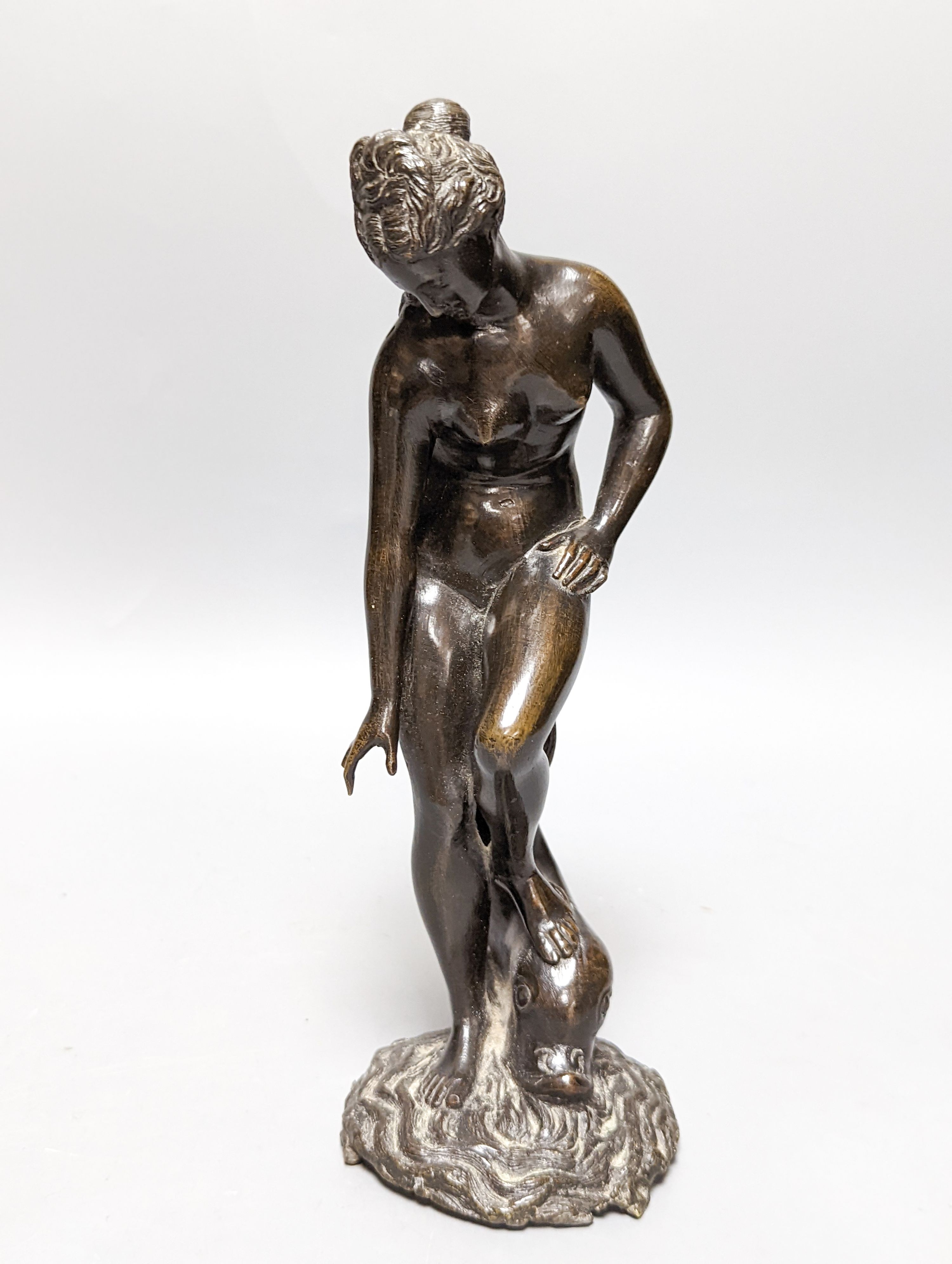 A WMF pewter teapot, an early 20th century bronze of Venus with dolphin, 2 other figures and a WMF style figural desk stand 36cm
